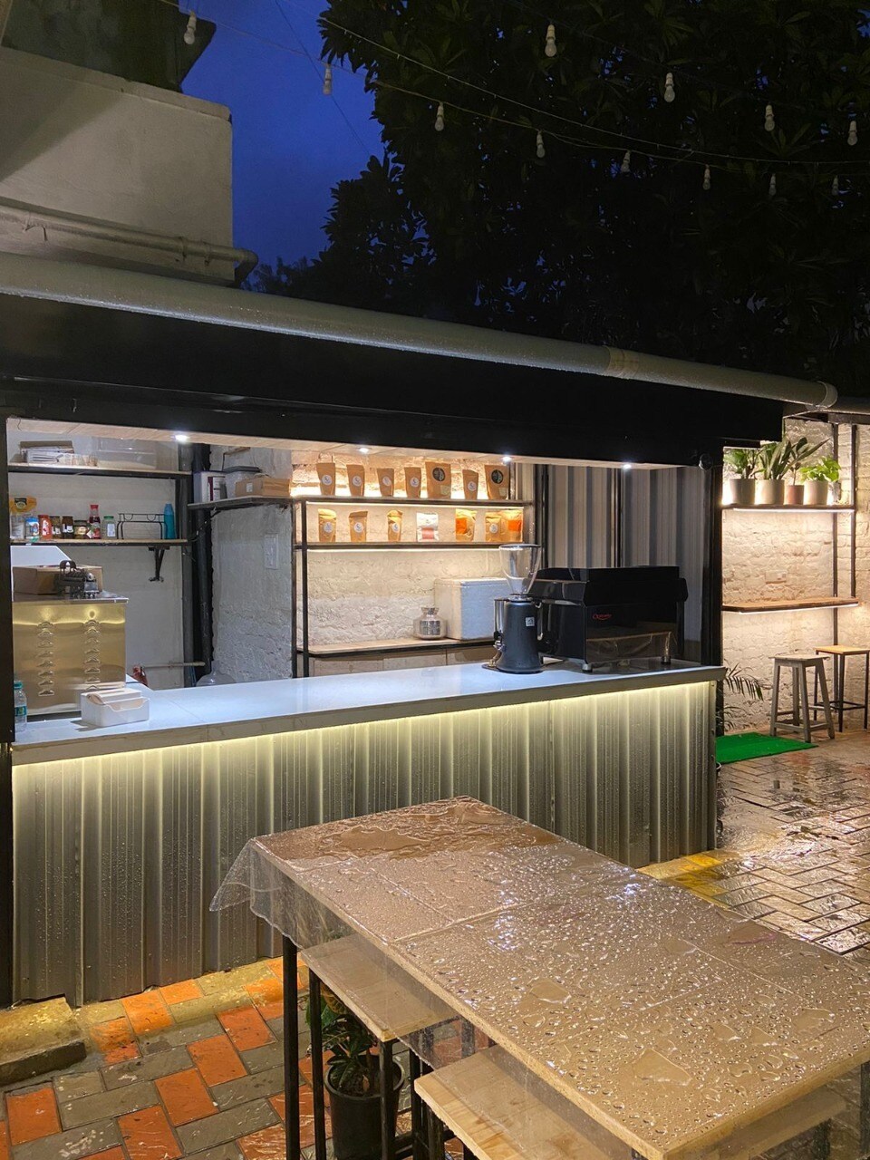Cozy outdoor seating area with ambient lighting